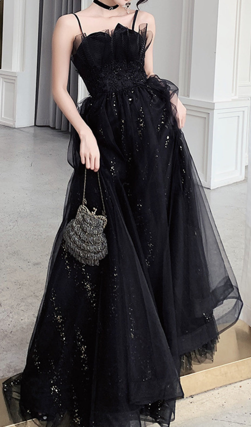 Chiye Black Strappy Mesh Maxi Dress