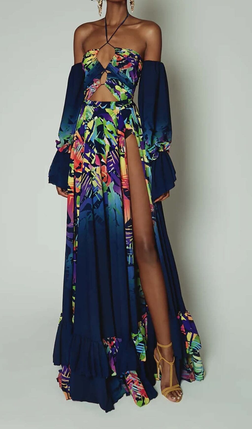 Off Shoulder Flowy Sleeves Maxi Dress In Multi-Color