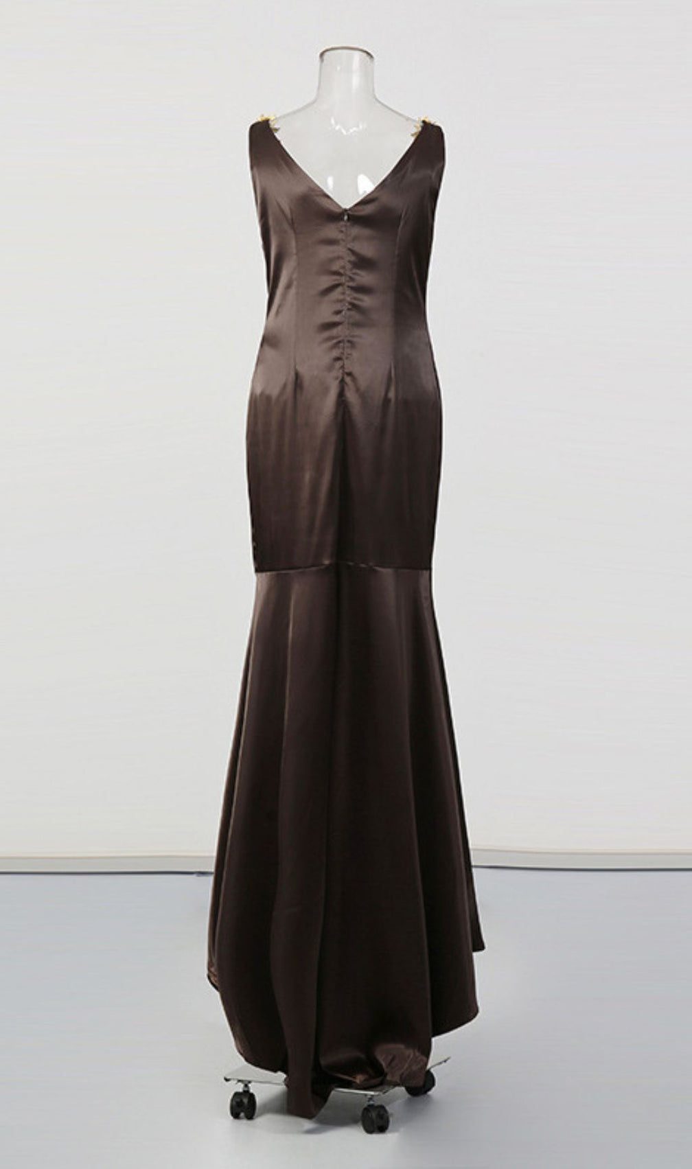 Jase Luxe Brown Satin V-Neck Maxi Gown with Embellished Straps