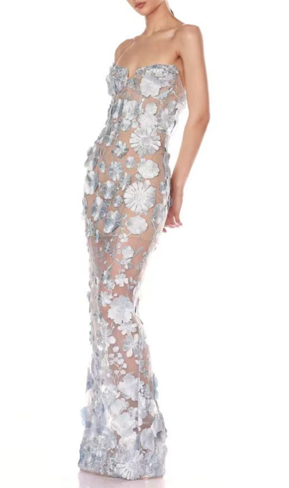 Decla Blue Strapless Flower Maxi Dress