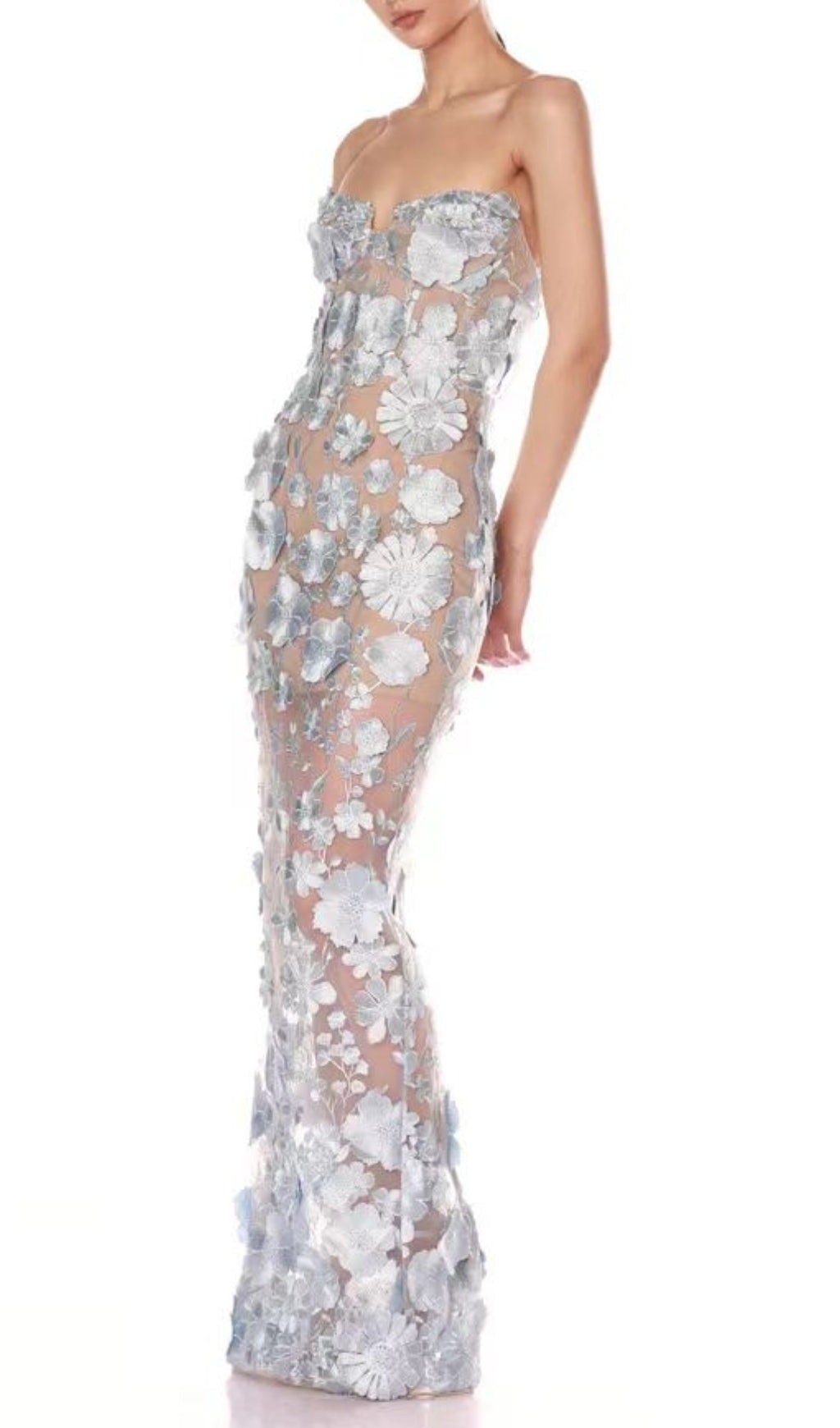 Decla Blue Strapless Flower Maxi Dress