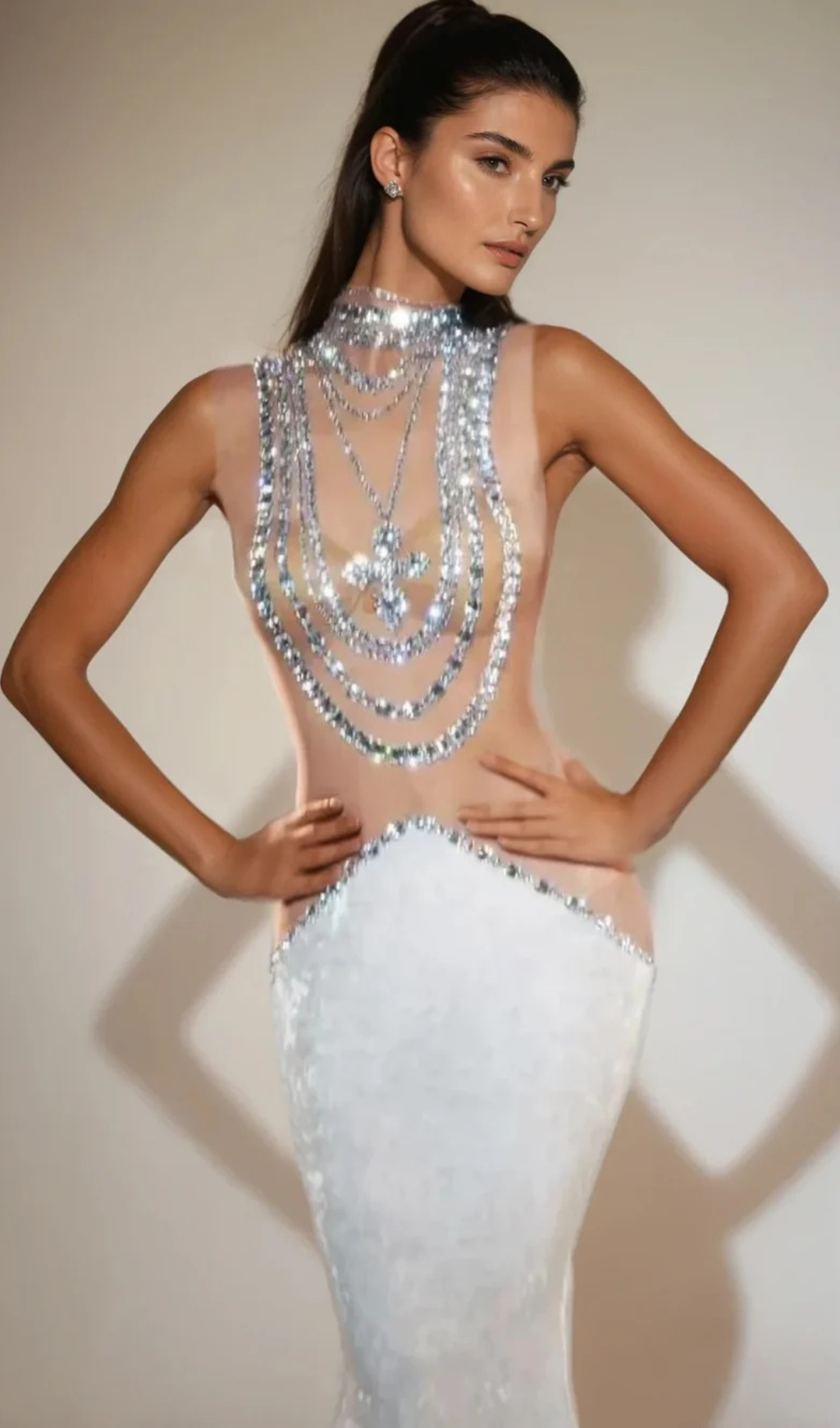 Shelyn Rhinestone Velvet Mermaid Maxi Dress In White