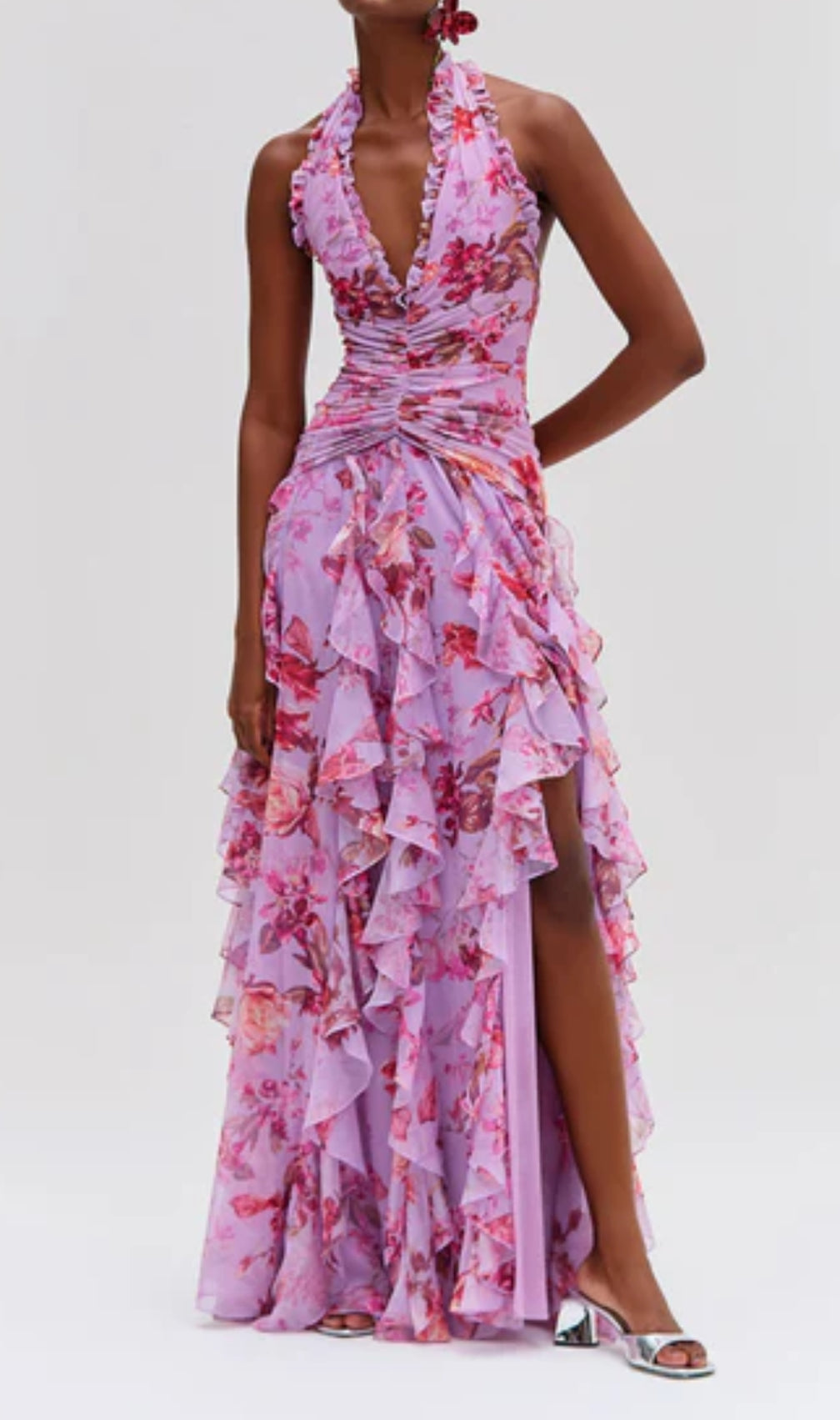 Delicah Pink Halter Floral Ruffle Maxi Dress
