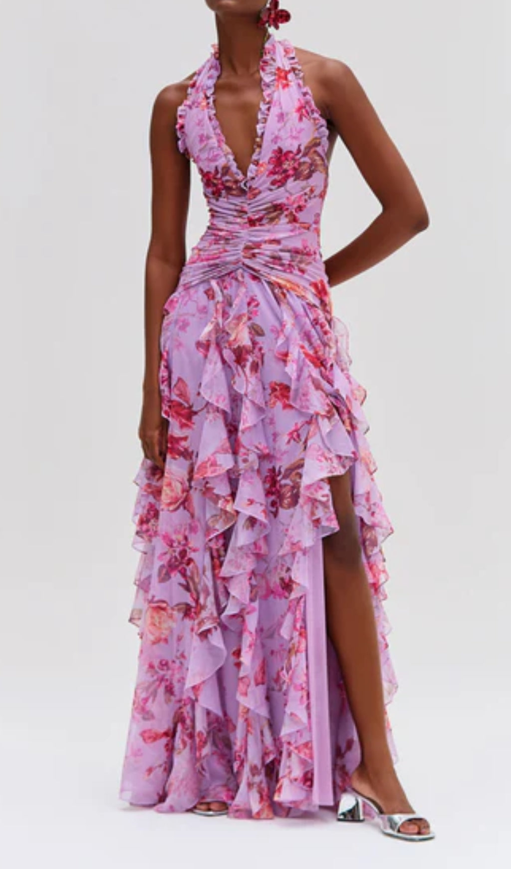 Delicah Pink Halter Floral Ruffle Maxi Dress