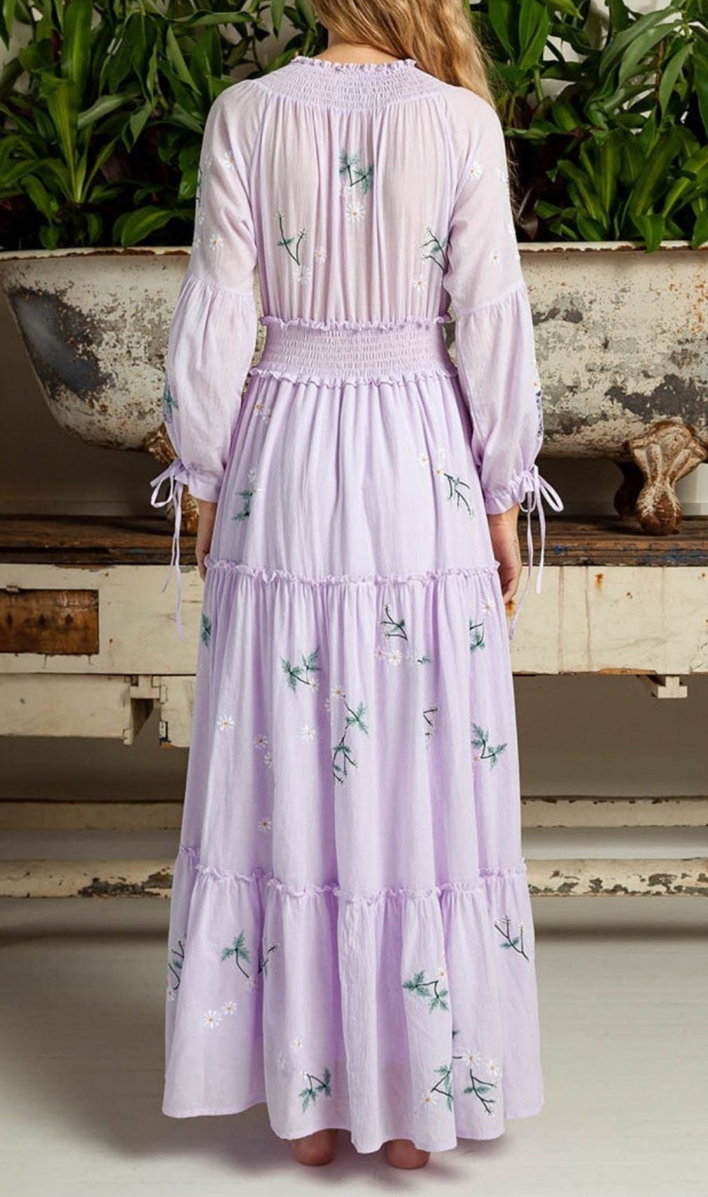 Kamalani Lavender Dreams Embroidered Maxi Dress | Bohemian Floral Tiered Gown