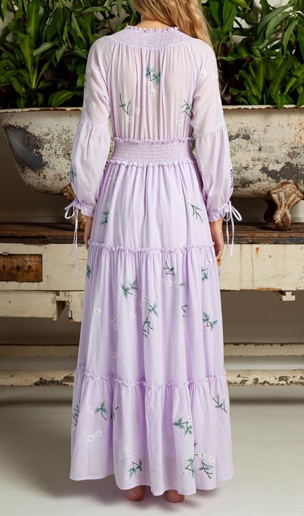 Kamalani Lavender Dreams Embroidered Maxi Dress | Bohemian Floral Tiered Gown