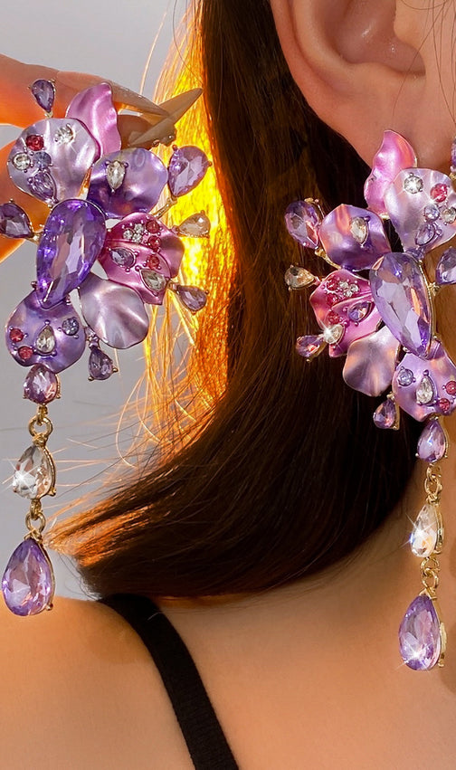 Luxe Lavender & Blush Crystal Floral Statement Drop Earrings