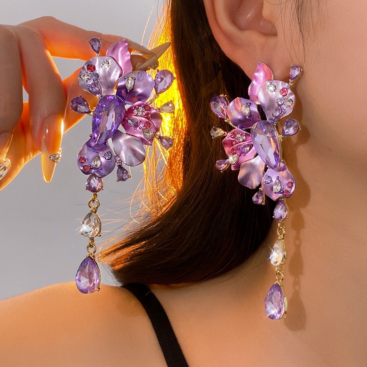 Luxe Lavender & Blush Crystal Floral Statement Drop Earrings