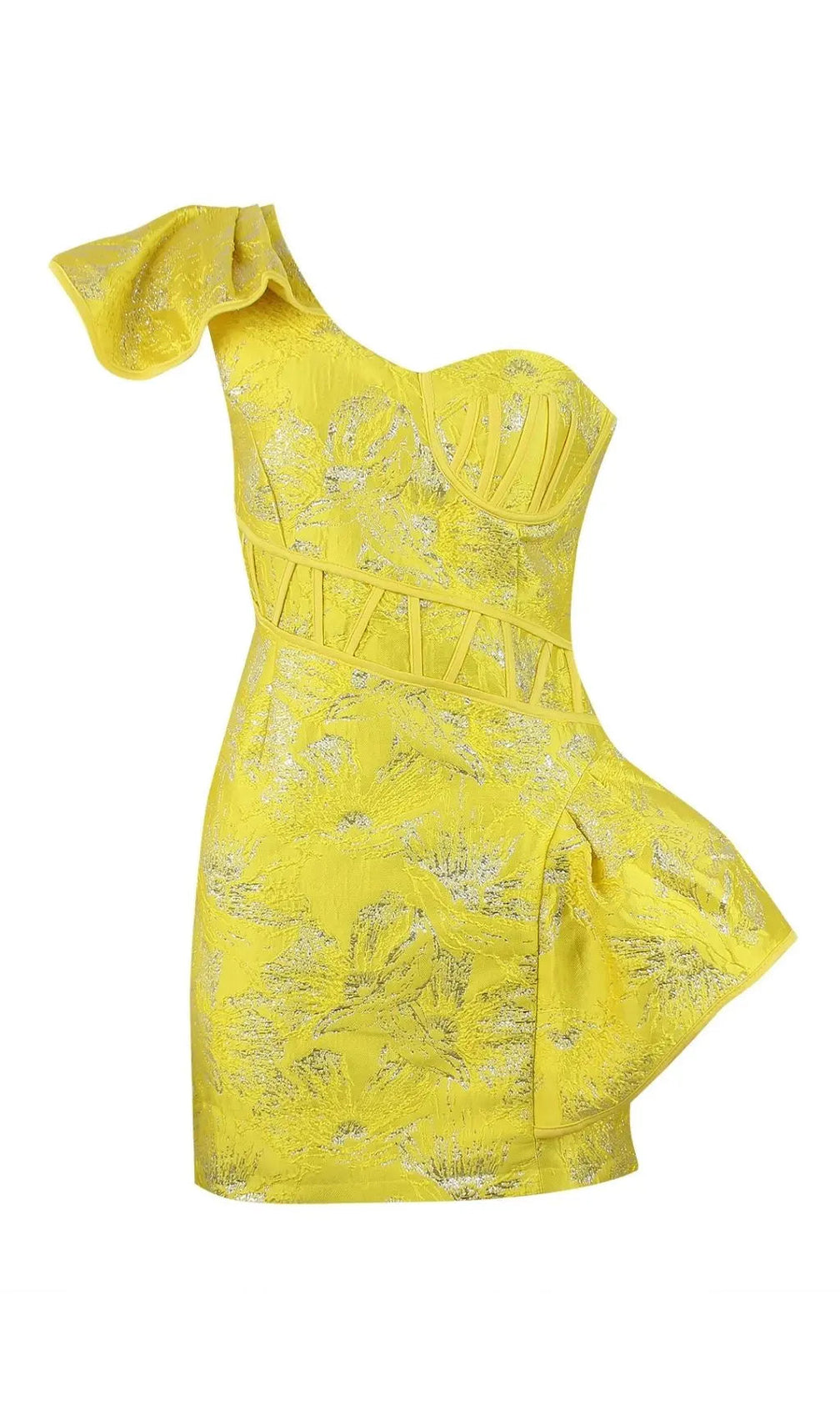 Jacquard One Shoulder Mini Dress In Yellow