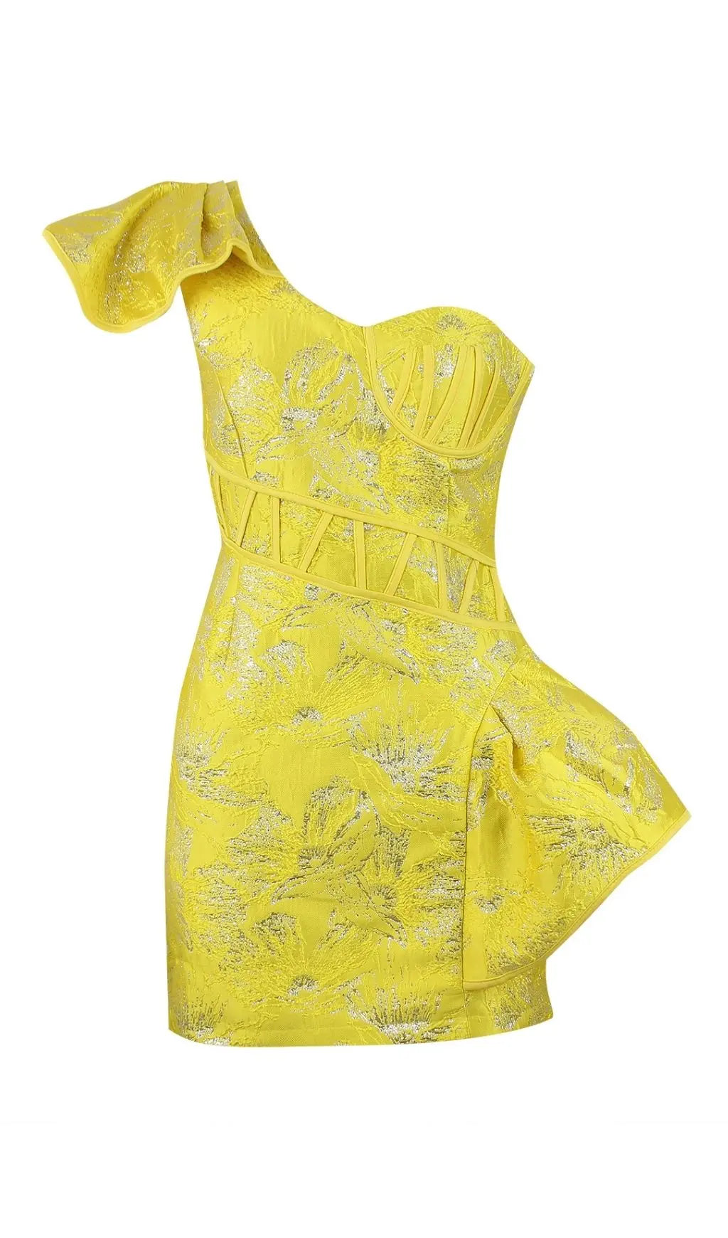 Jacquard One Shoulder Mini Dress In Yellow