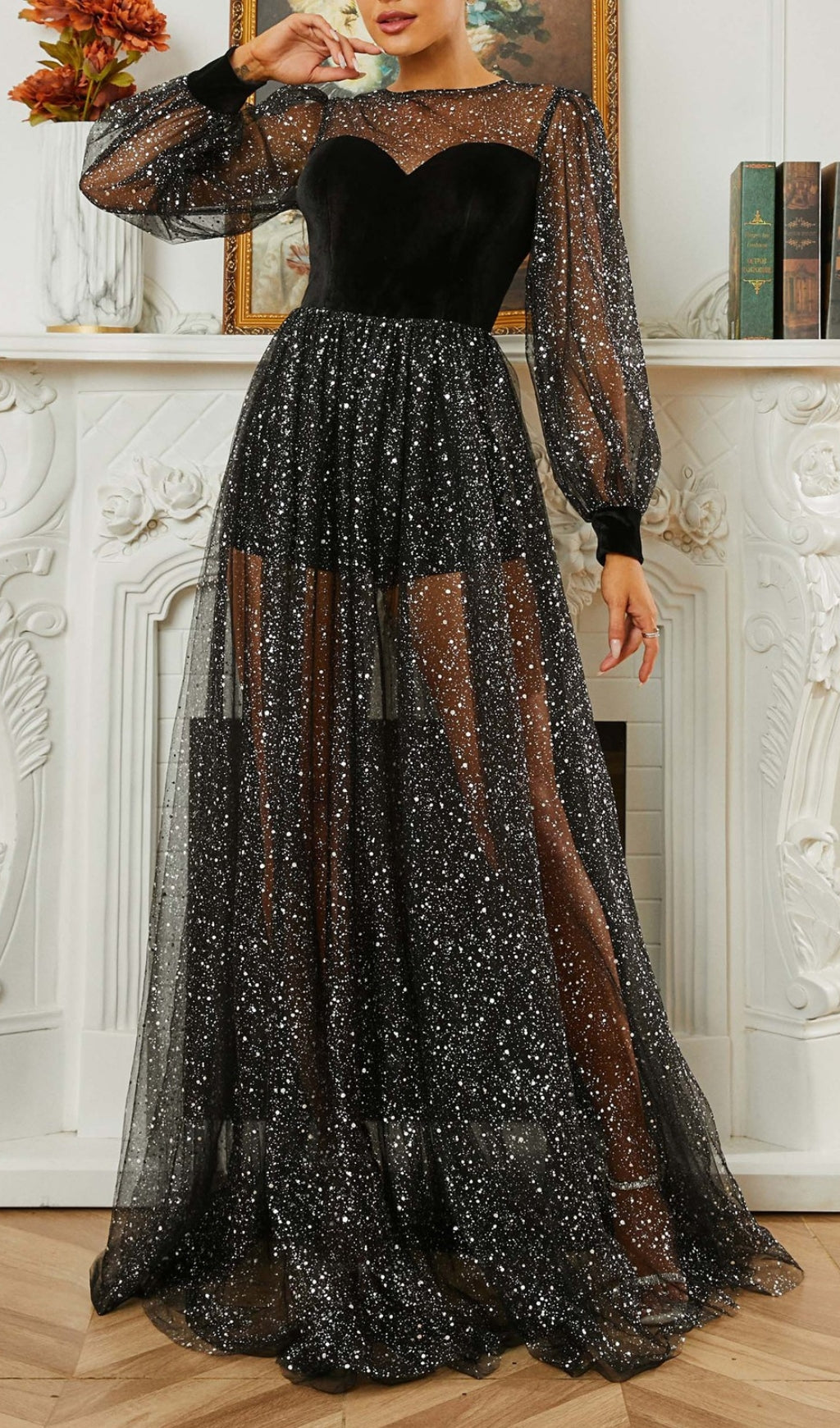 Catlyn Black Mesh Long Sleeve Maxi Dress