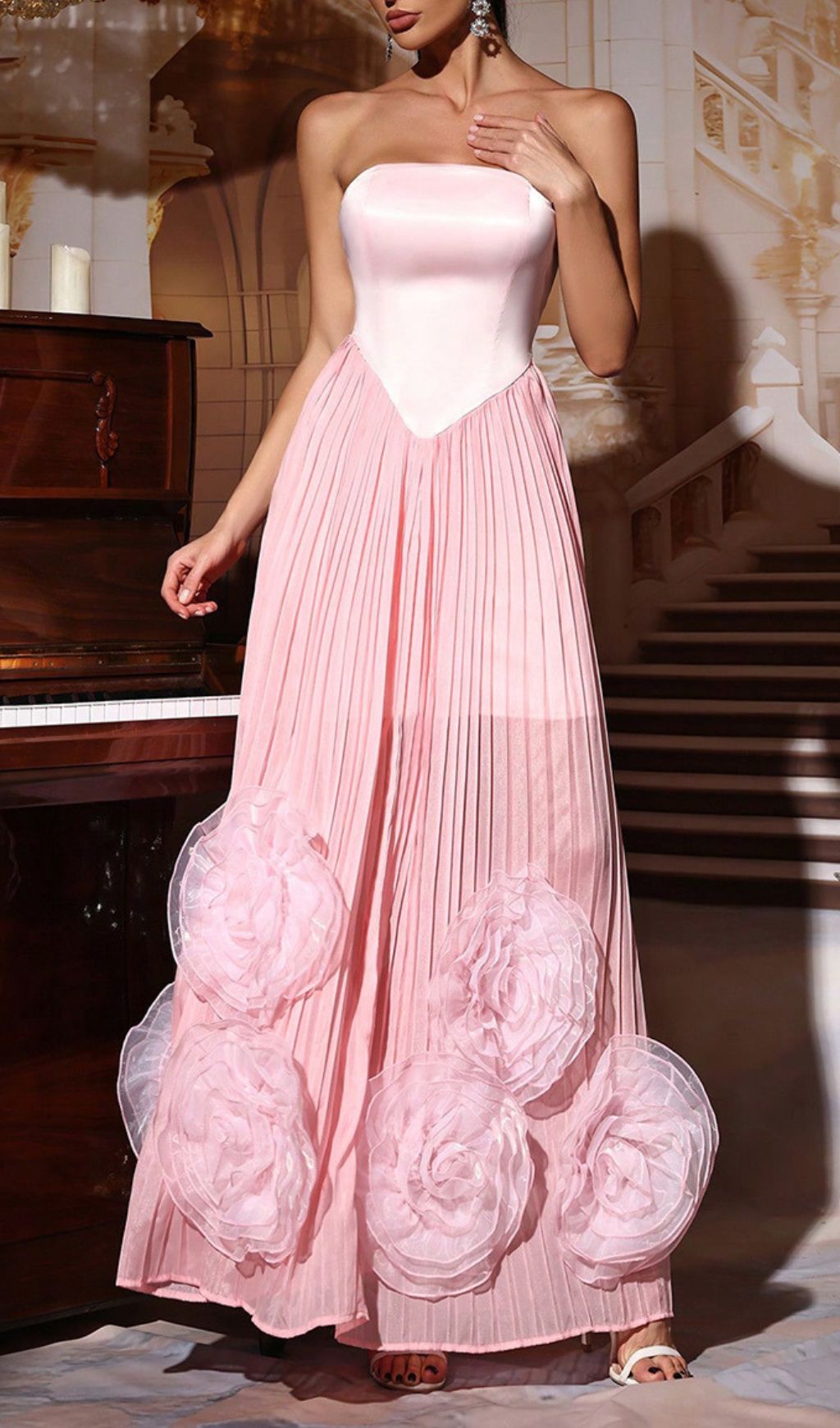 Florinda Pink Strapless Flower Pleated Maxi Dress