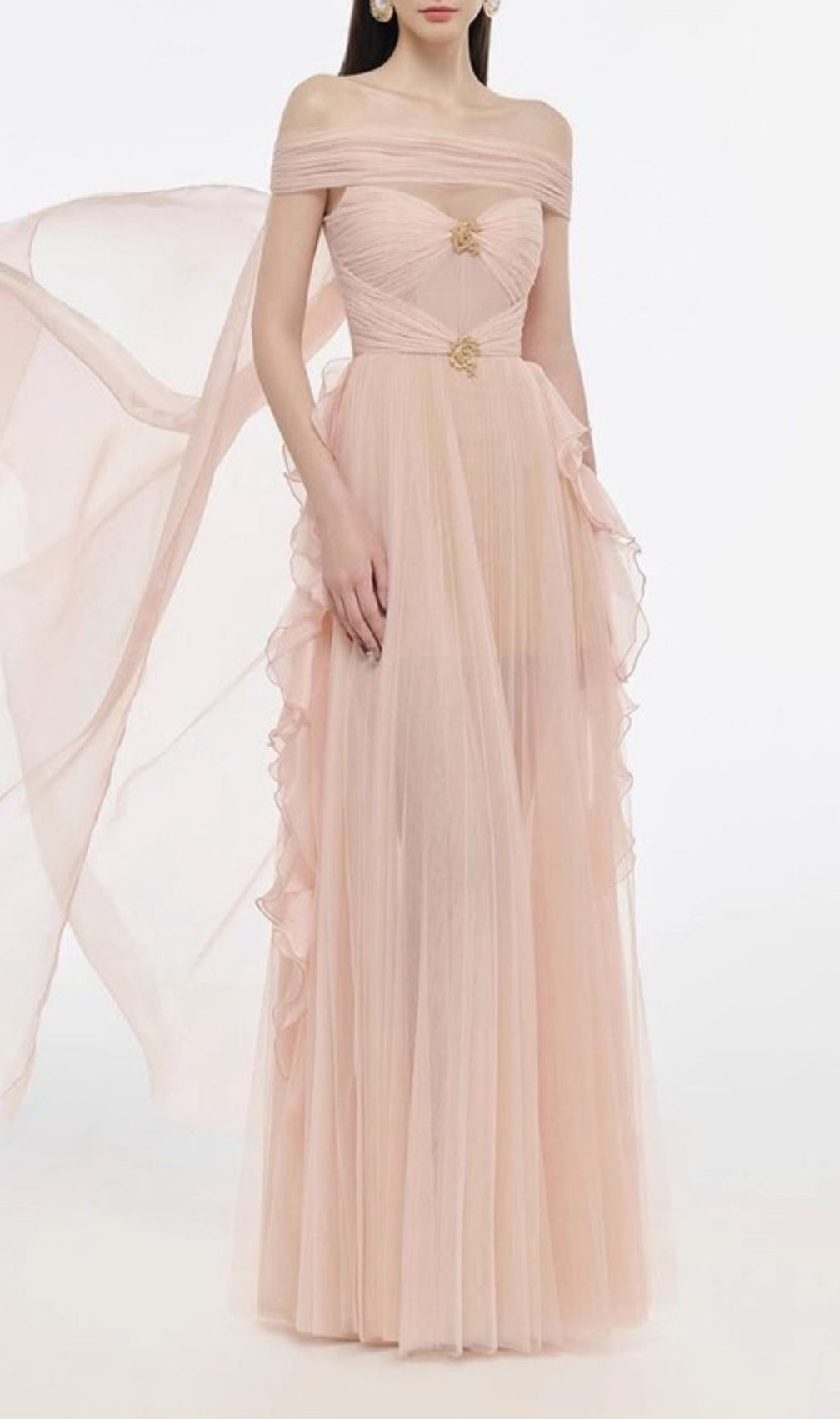 Johanna Off-Shoulder Mesh Ruffle Maxi Gown - Elegant Blush Pink Formal Dress