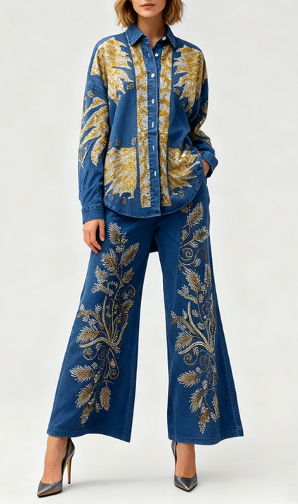 Jaclyn Embroidered Denim Two-Piece Set | Boho Wide-Leg Pants & Top