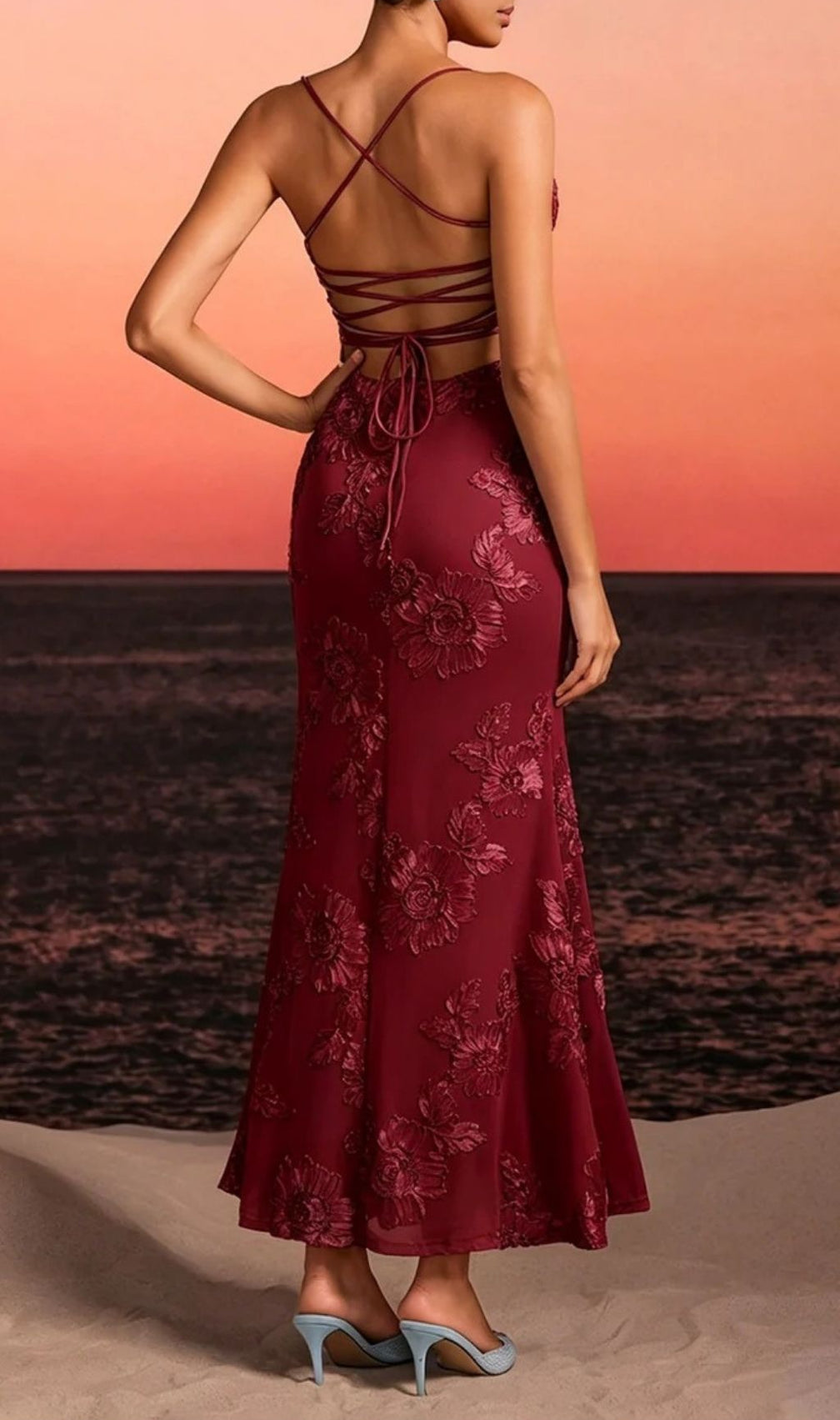 Zryne Spaghetti Embroidered Flower Maxi Dress In Wine