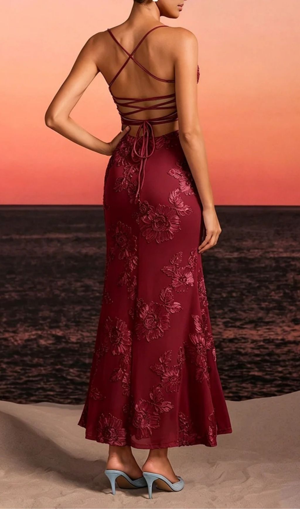 Zryne Spaghetti Embroidered Flower Maxi Dress In Wine