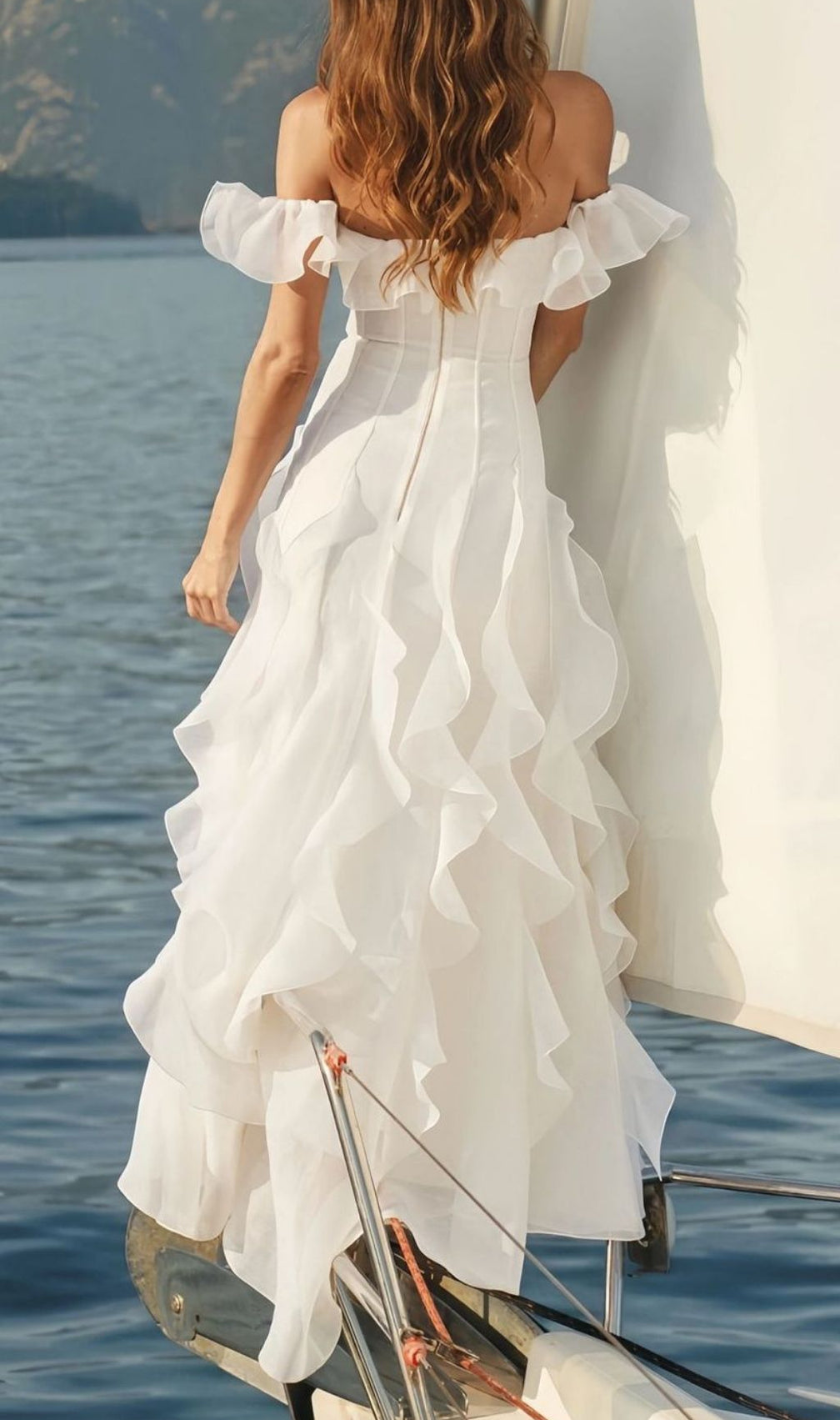 Angosto Ethereal Off-Shoulder Ruffle Maxi Dress - White
