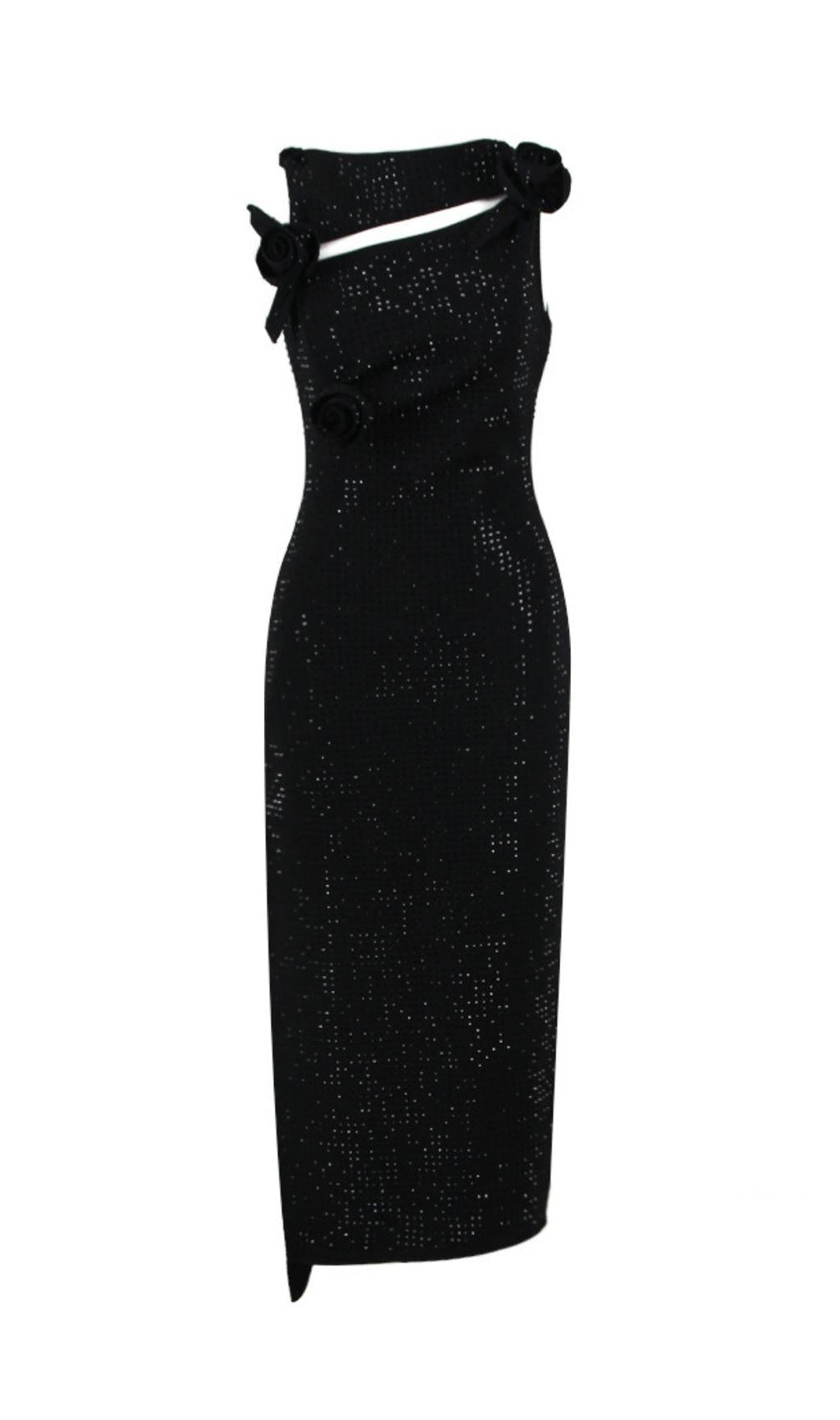 Black Flower Embellished Sparkly Midi Dress