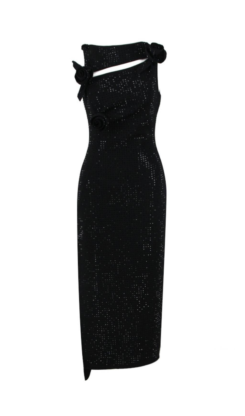 Black Flower Embellished Sparkly Midi Dress