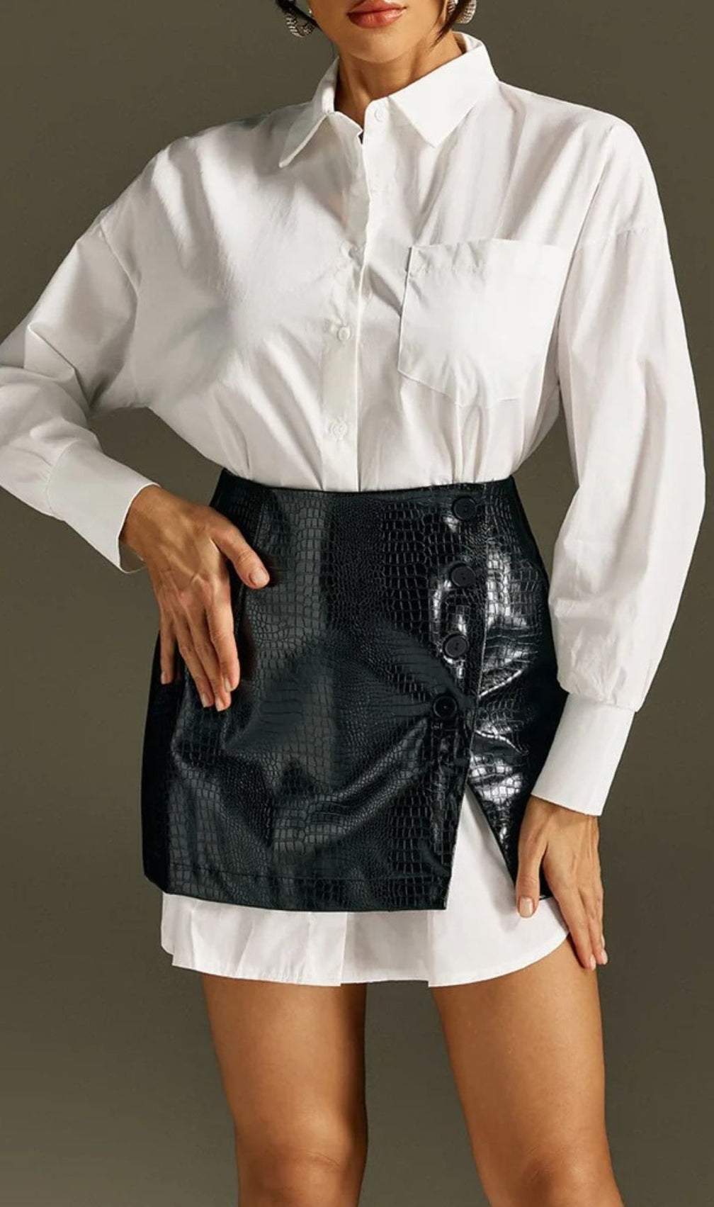Chic White Button-Down Shirt & Croc Faux Leather Mini Skirt Set - Modern Womenswear