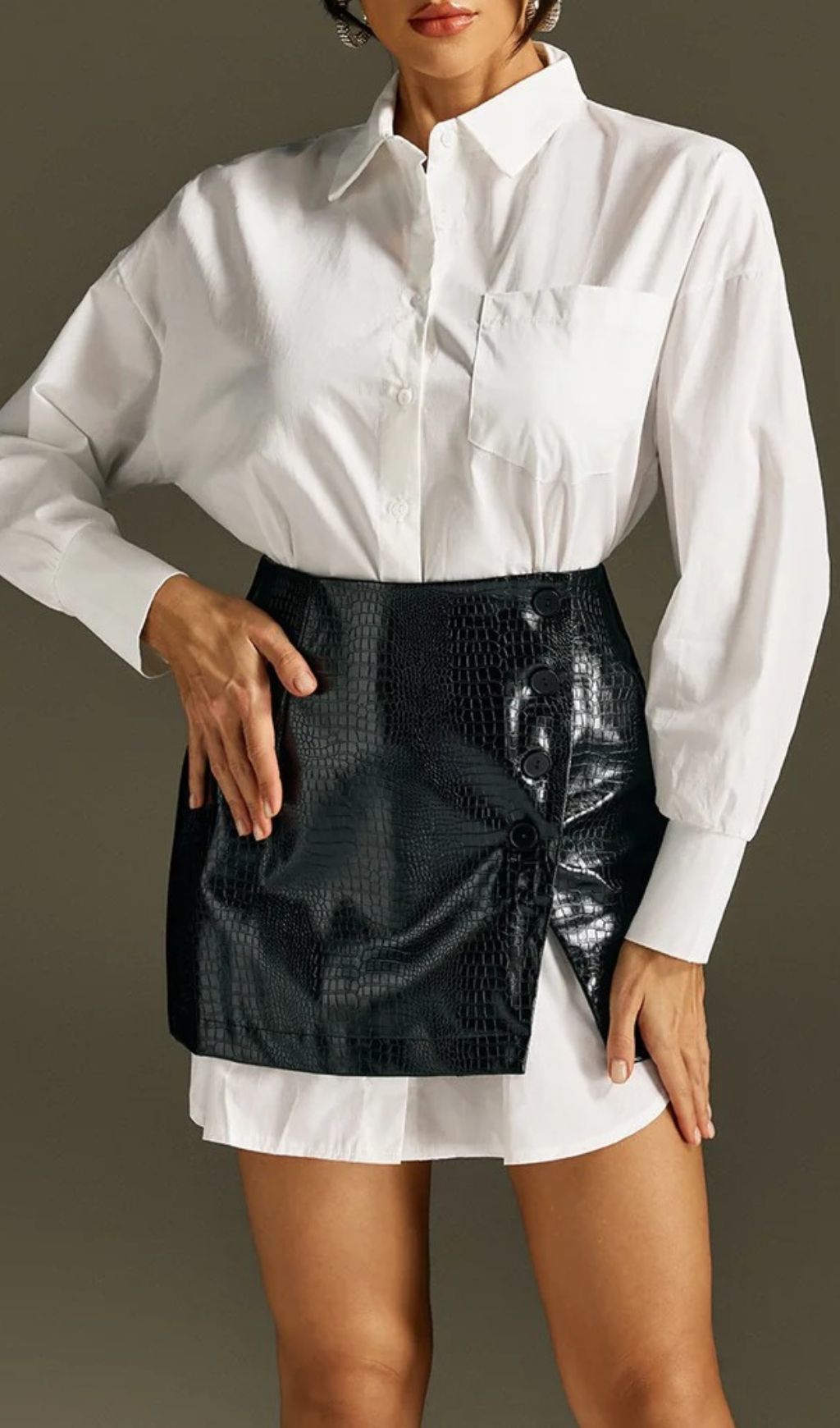 Chic White Button-Down Shirt & Croc Faux Leather Mini Skirt Set - Modern Womenswear