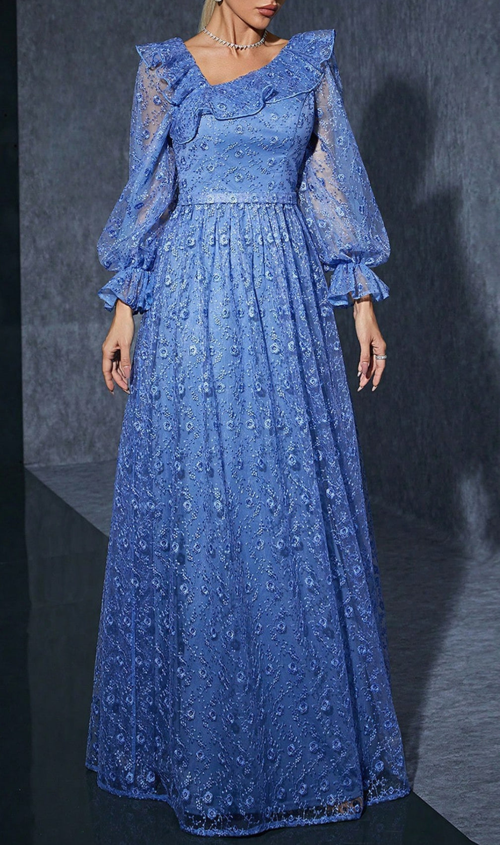 Doe Blue Floral Embroidery Long Sleeve Maxi Dress