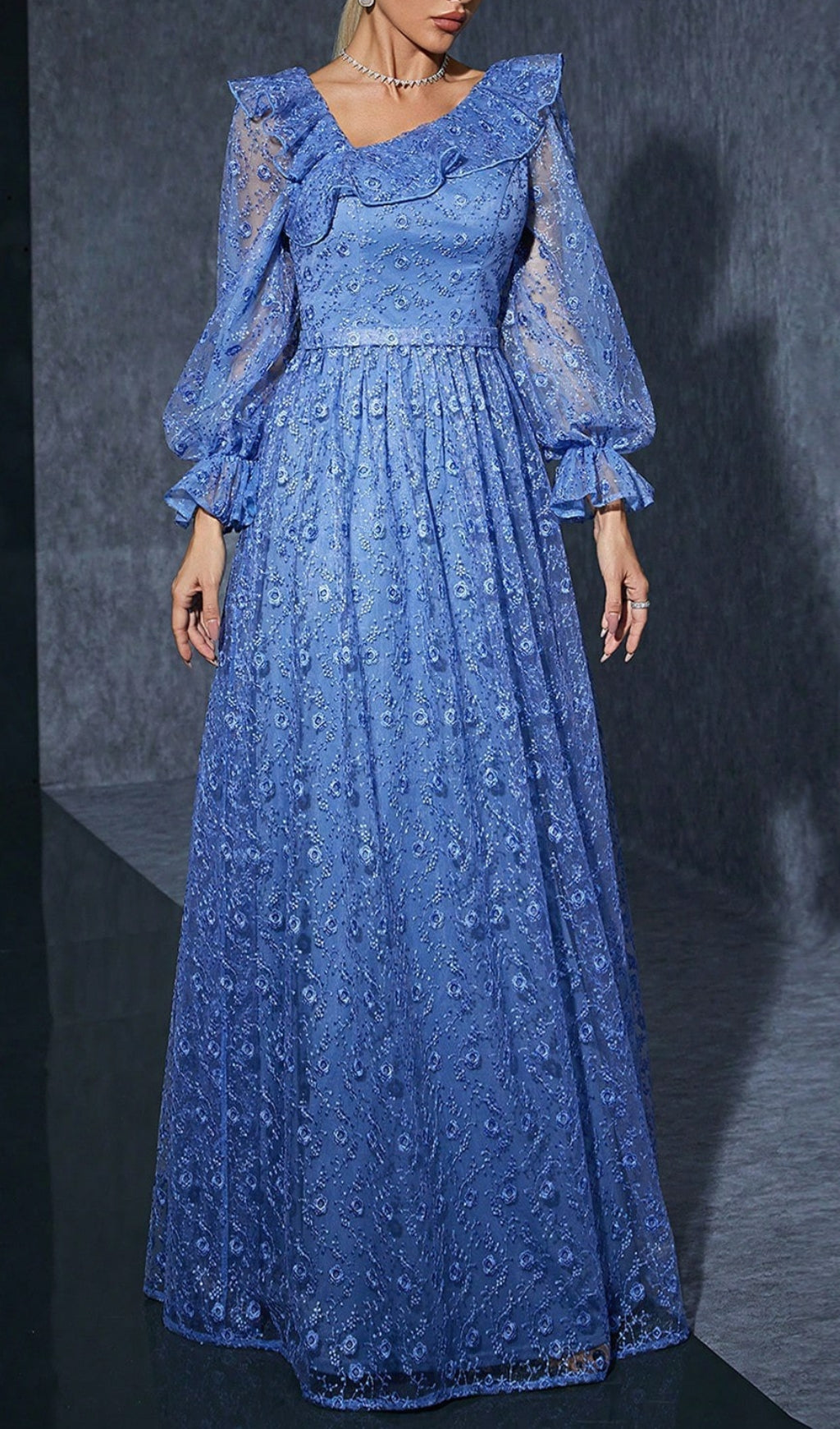 Doe Blue Floral Embroidery Long Sleeve Maxi Dress