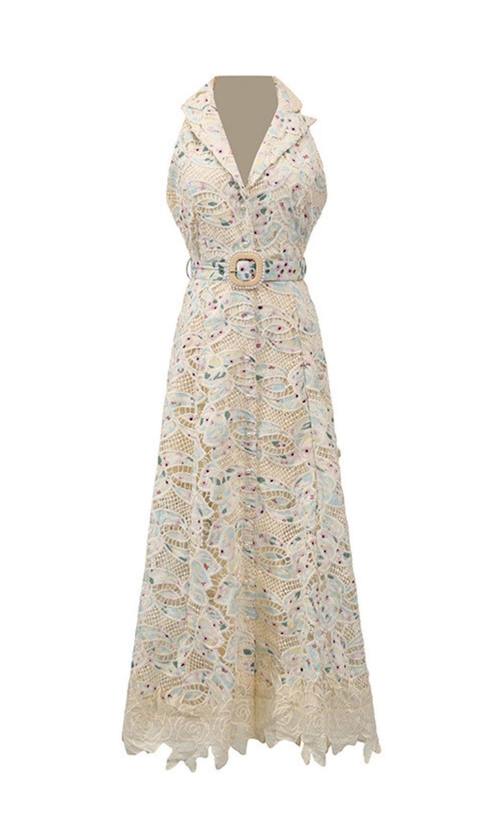 Chic Chloe Sleeveless Floral Lace Maxi Dress with Belt