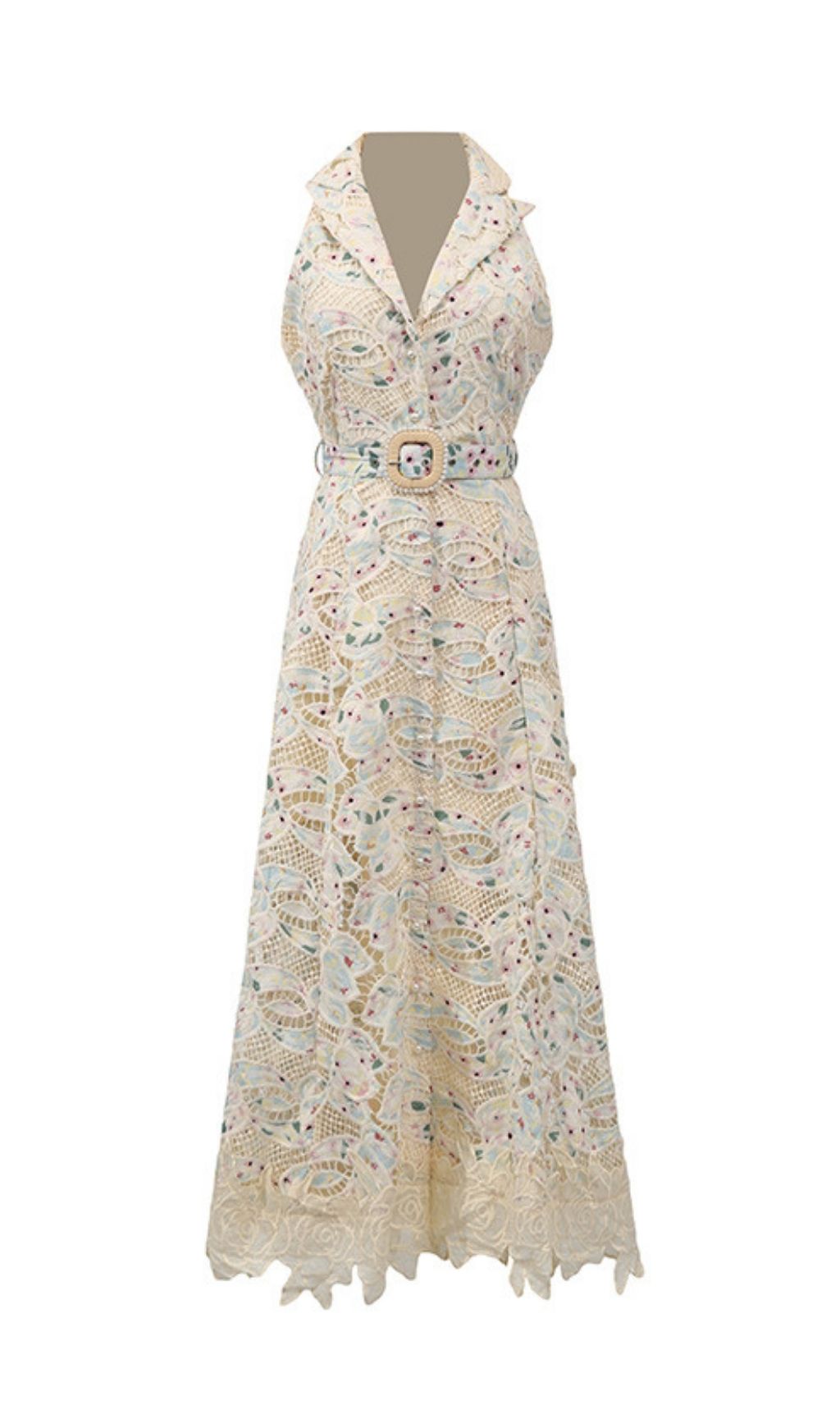Chic Chloe Sleeveless Floral Lace Maxi Dress with Belt