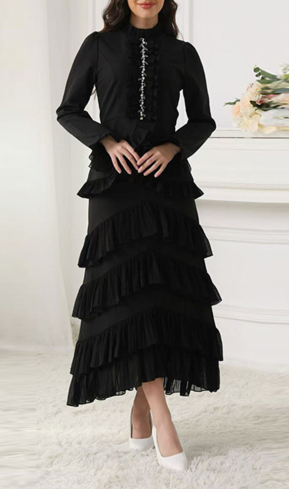 Ignace Elegant Ruffle Two-Piece Set - Long Sleeve Top & Tiered Maxi Skirt