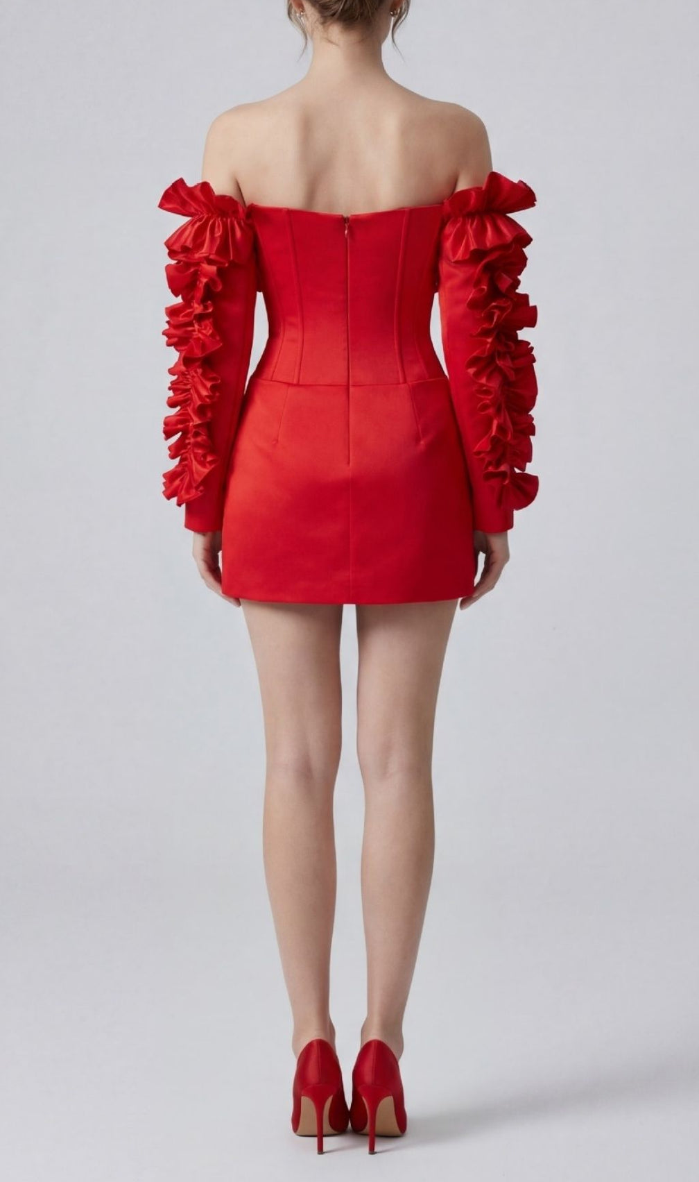 Kenna Red Ruffle Off-Shoulder Mini Dress with Floral Corset Bodice