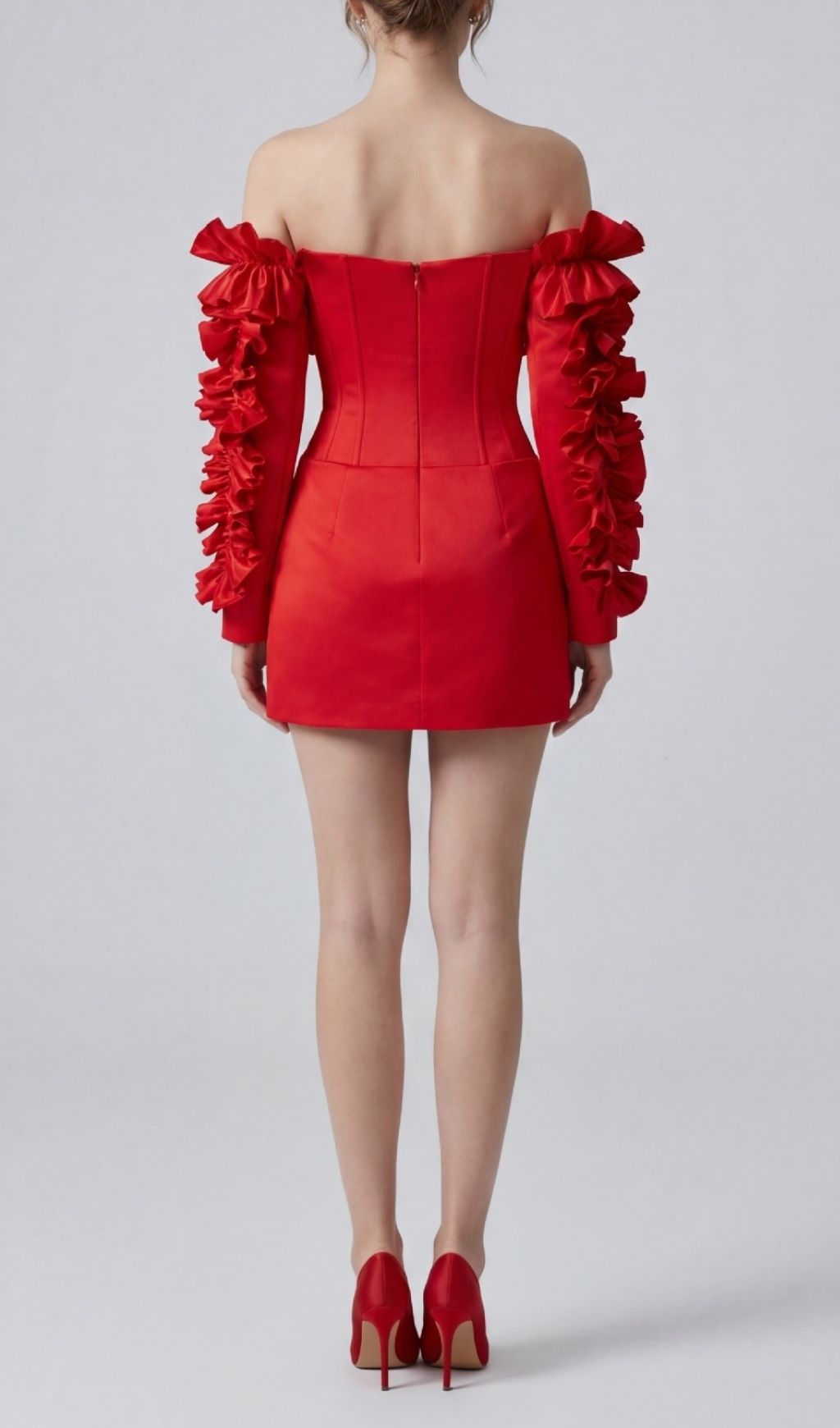 Kenna Red Ruffle Off-Shoulder Mini Dress with Floral Corset Bodice