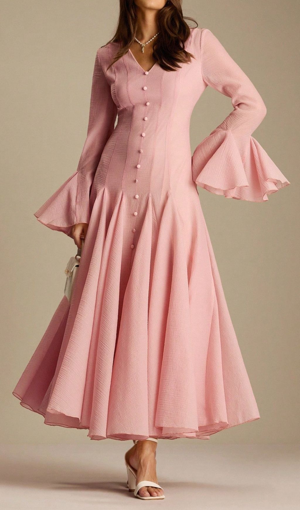 Lane Pink V-Neck Long Sleeve Maxi Dress