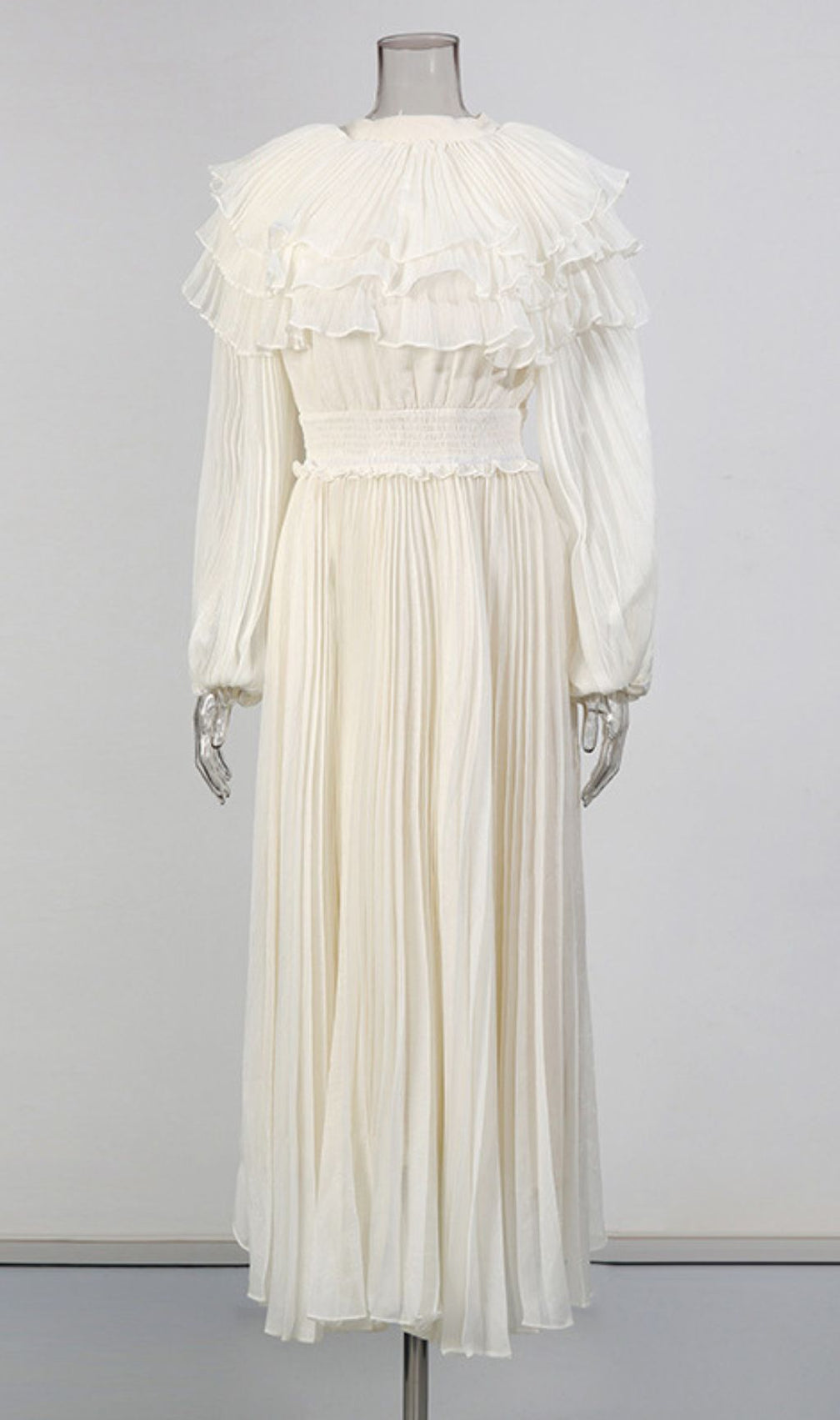 Julisa Ivory Ruffle Pleated Midi Dress - Elegant Long Sleeve for Women