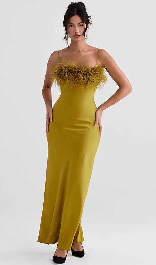 Chartreuse Strappy Feather-Trim Maxi Dress