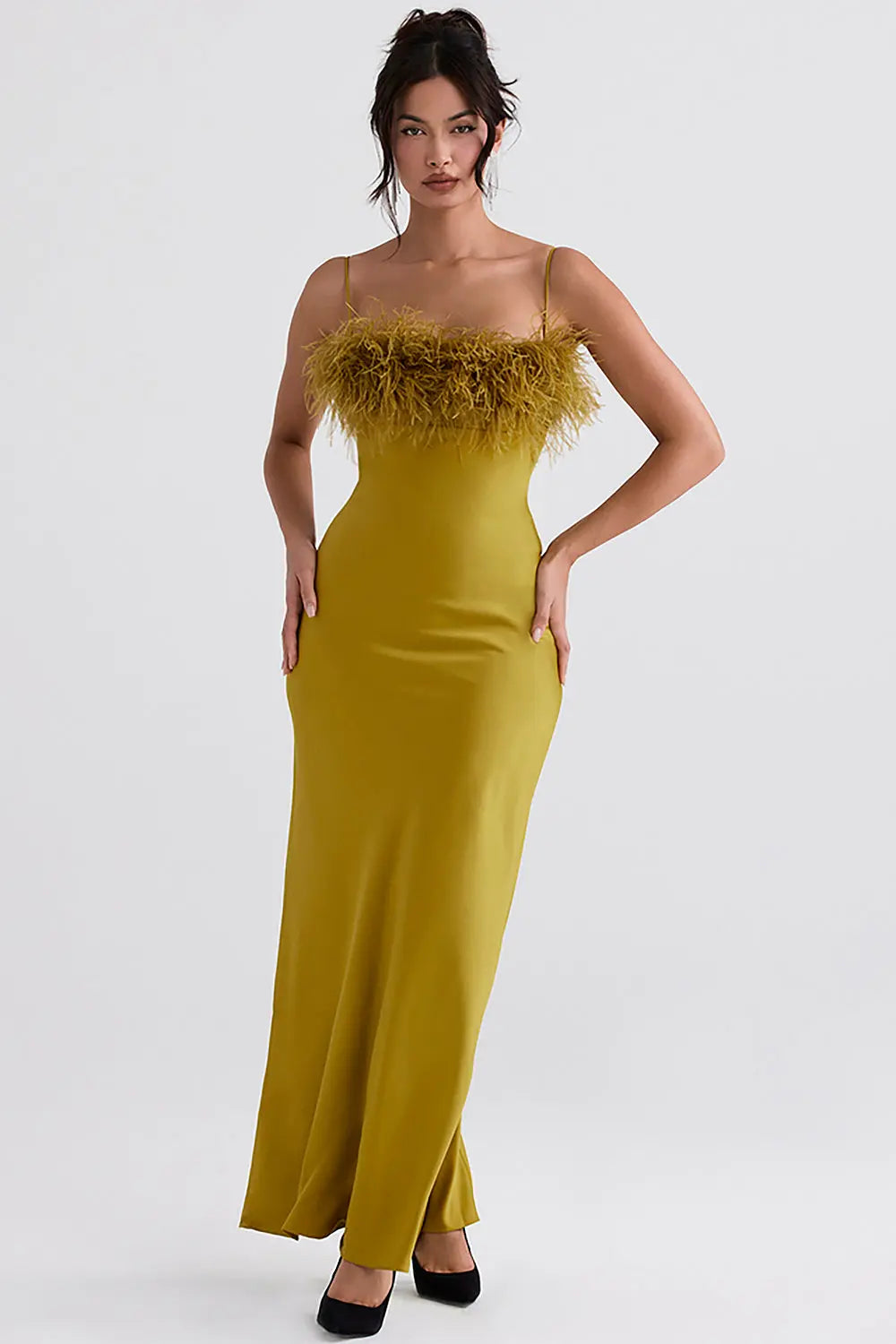 Chartreuse Strappy Feather-Trim Maxi Dress
