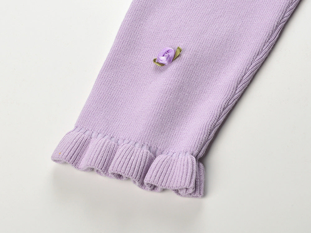 Romantic Lilac Floral Appliqué Knit Cardigan & Midi Dress Set