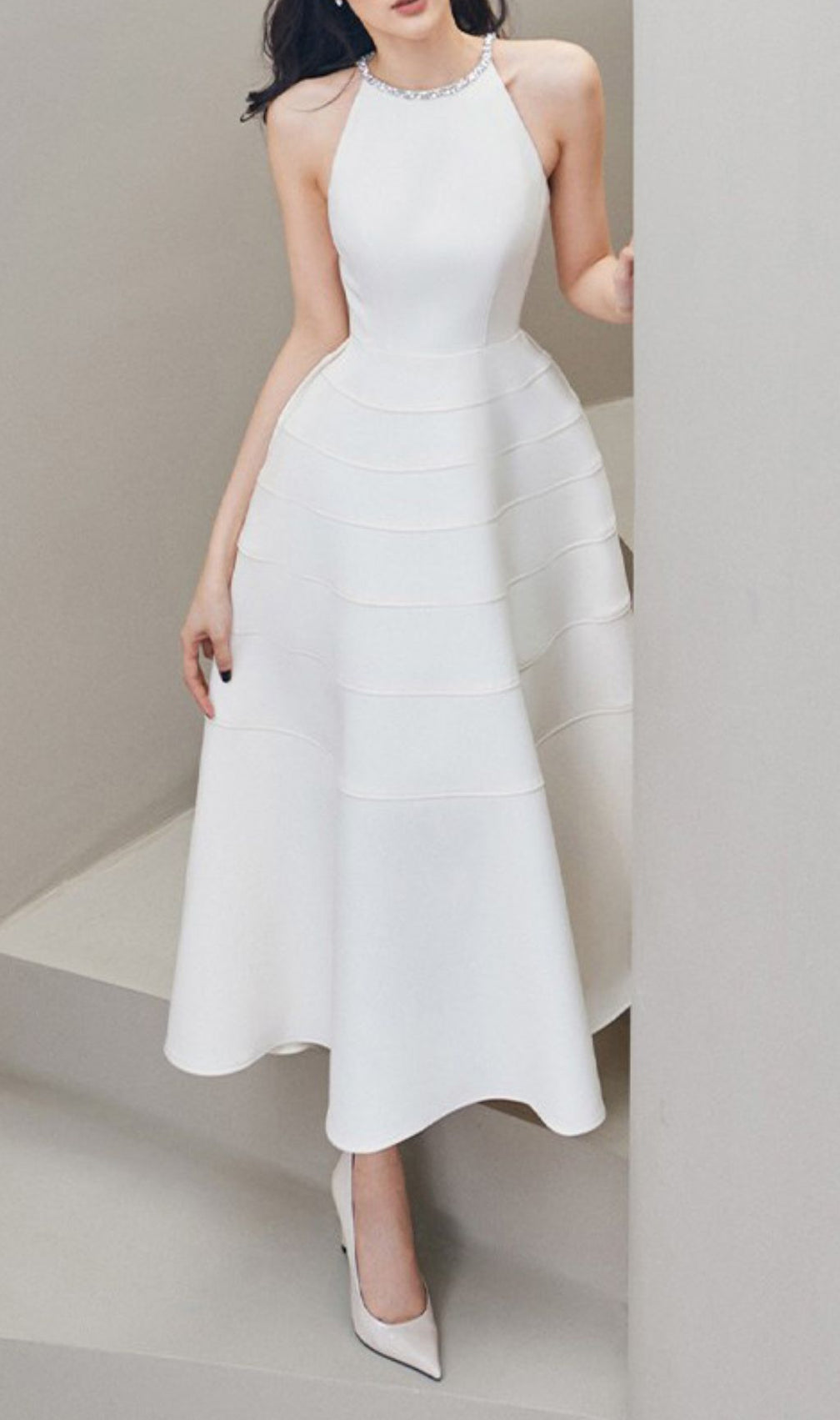 Freja White Diamante Midi Dress