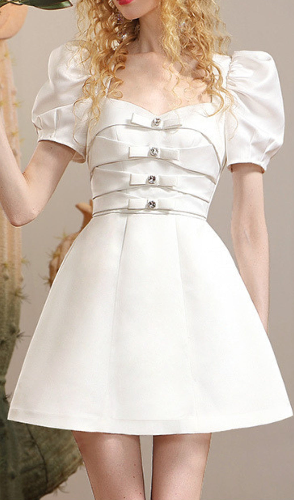 Conal White Bow Puff Sleeve Mini Dress