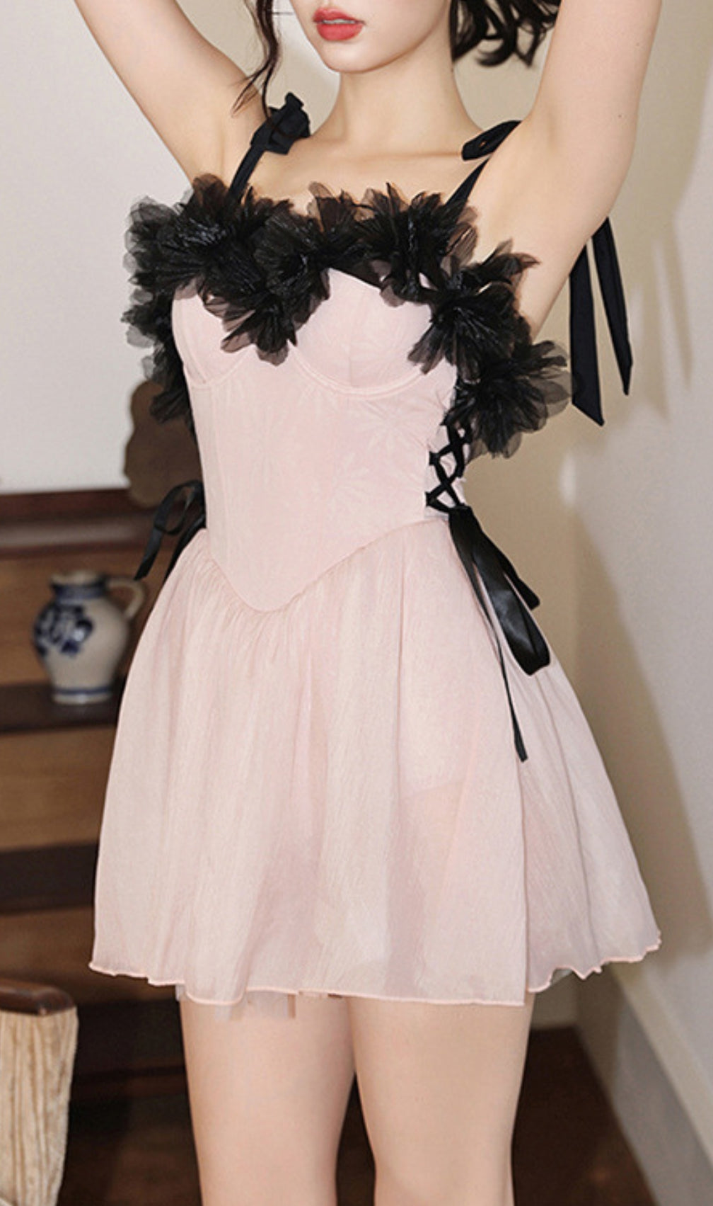 Doman Pink Mesh Embellished One-Piece Swimsuit