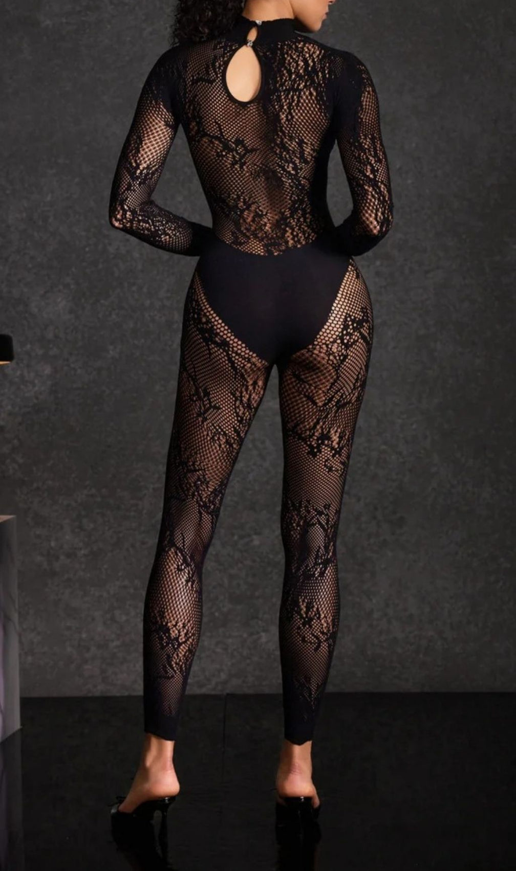 Hyetala Elegant High-Neck Lace Mesh Illusion Jumpsuit