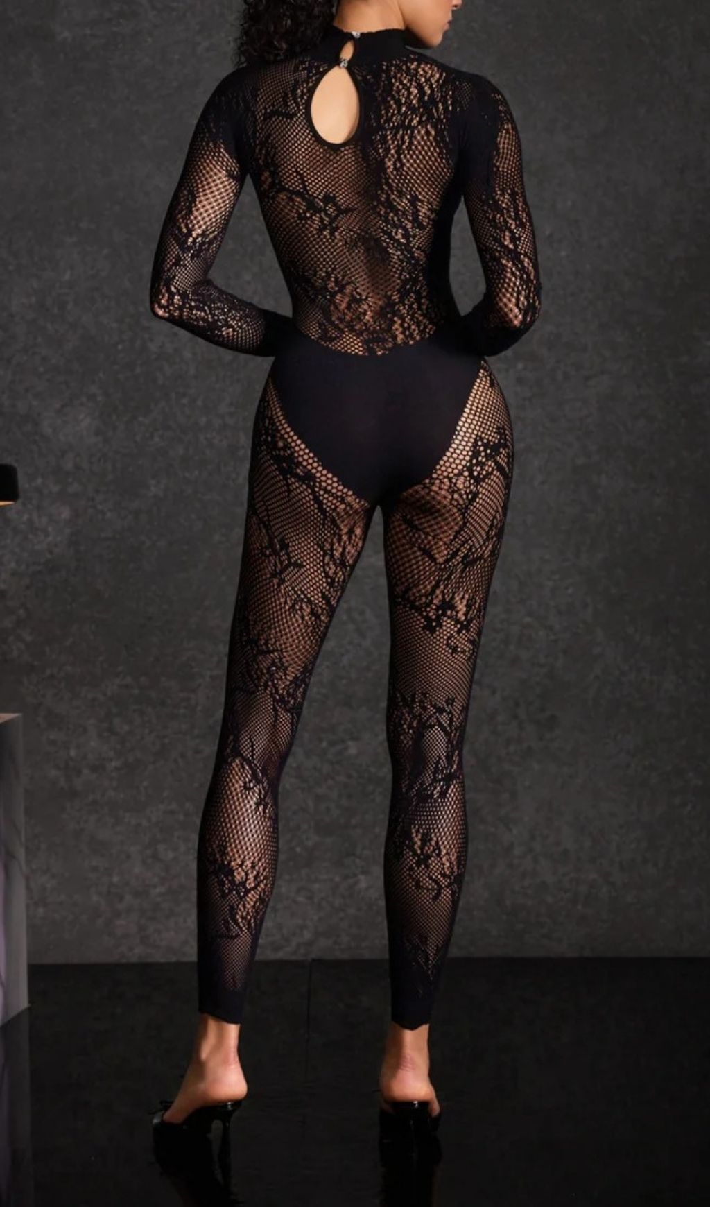 Hyetala Elegant High-Neck Lace Mesh Illusion Jumpsuit