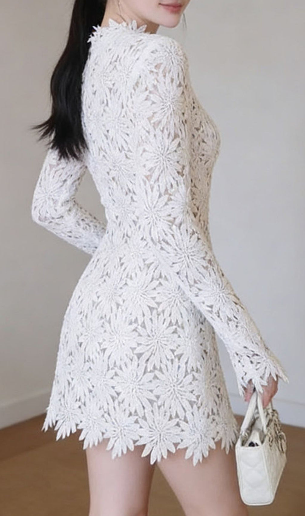 Kapila White Floral Lace Mini Dress - Elegant Long Sleeve Party & Cocktail Attire