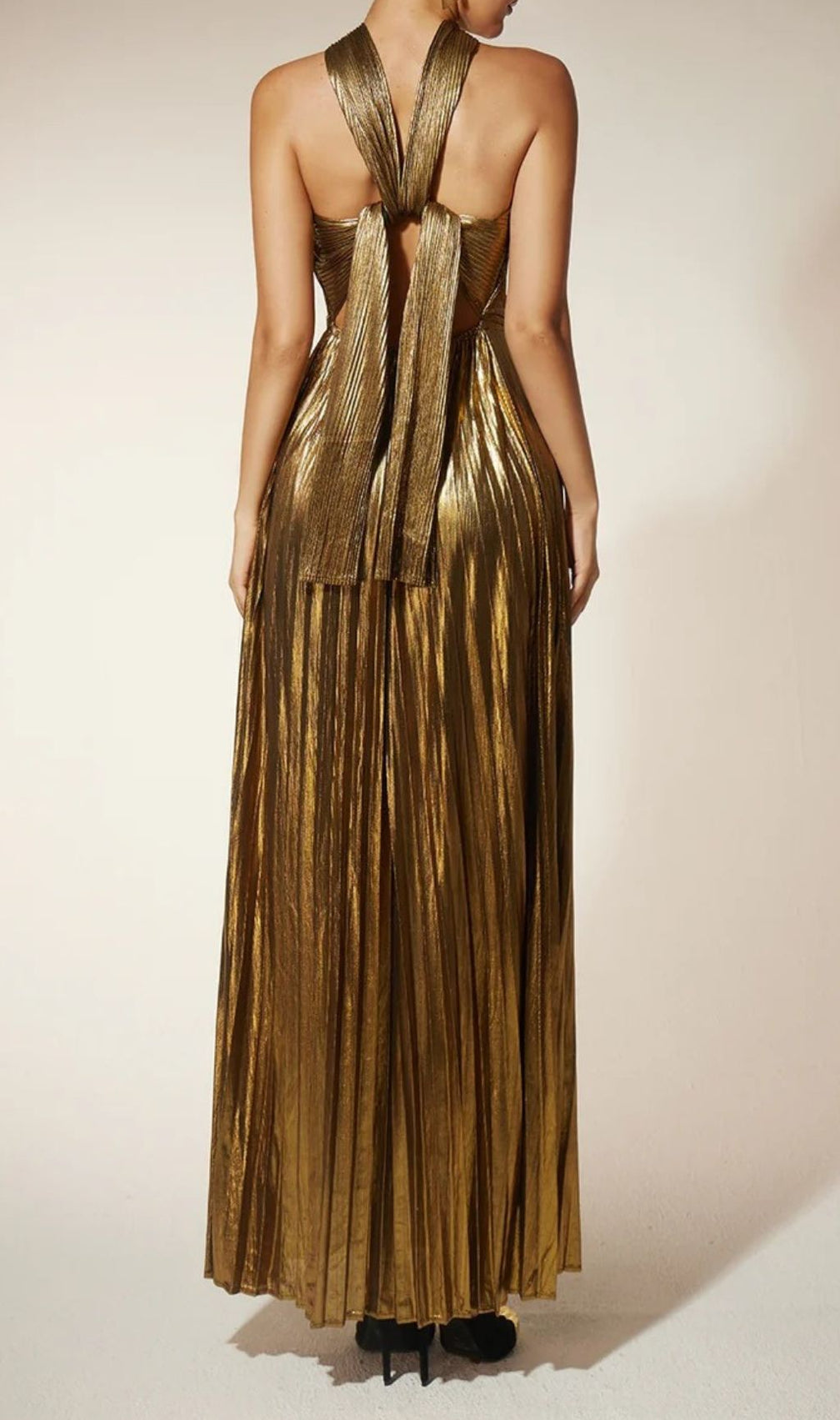 Frazilia Glam Gold Pleated Halter Cutout Maxi Dress - Event Ready Gown