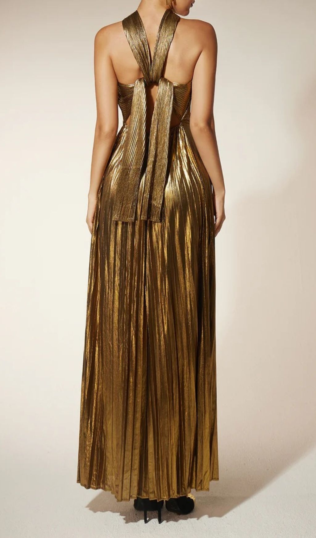 Frazilia Glam Gold Pleated Halter Cutout Maxi Dress - Event Ready Gown