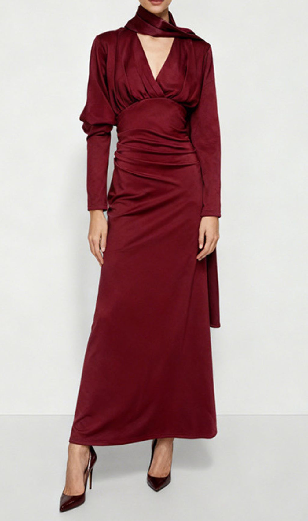 Jaana Elegant V-Neck Satin Long Sleeve Maxi Dress - Luxe Evening Gown