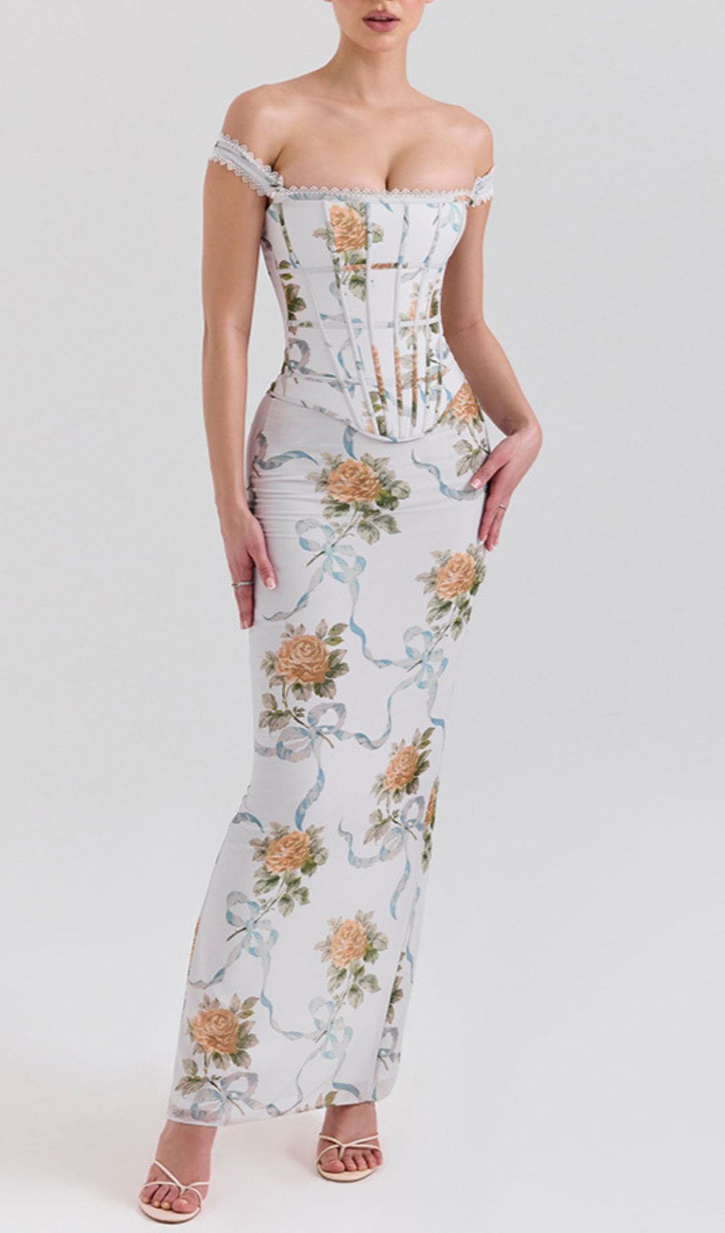 Isabeau Romantic Off-Shoulder Floral Corset Maxi Dress