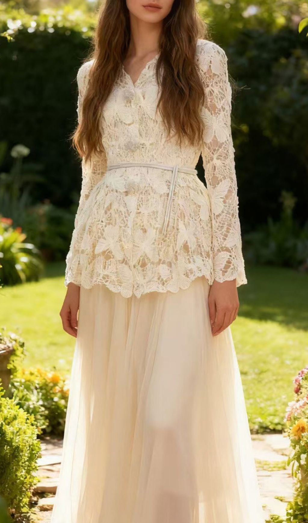 Enchanting Butterfly Lace Long Sleeve Two-Piece Maxi Gown Set