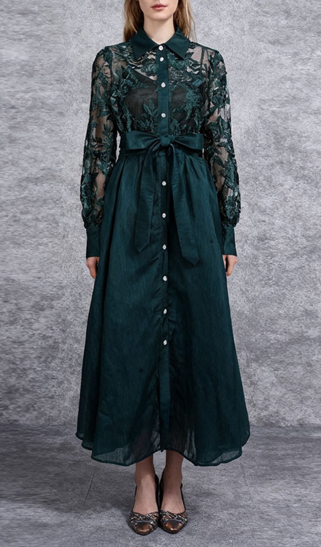 Iyana Emerald Green Floral Lace Embroidered Long Sleeve Midi Dress