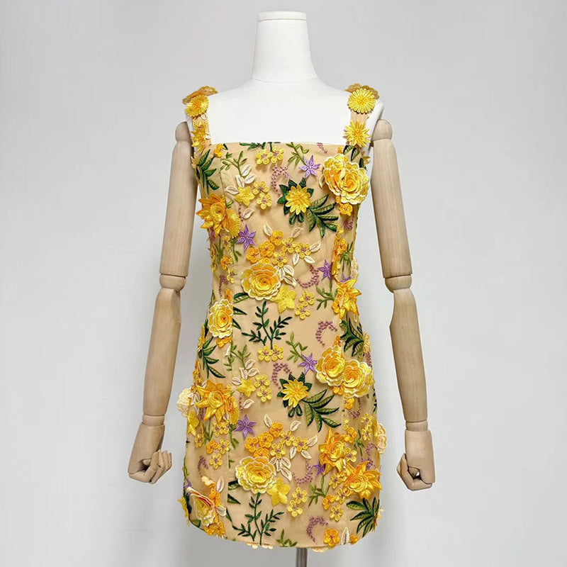 Fyodor Strappy Flower Embroidery Mini Dress
